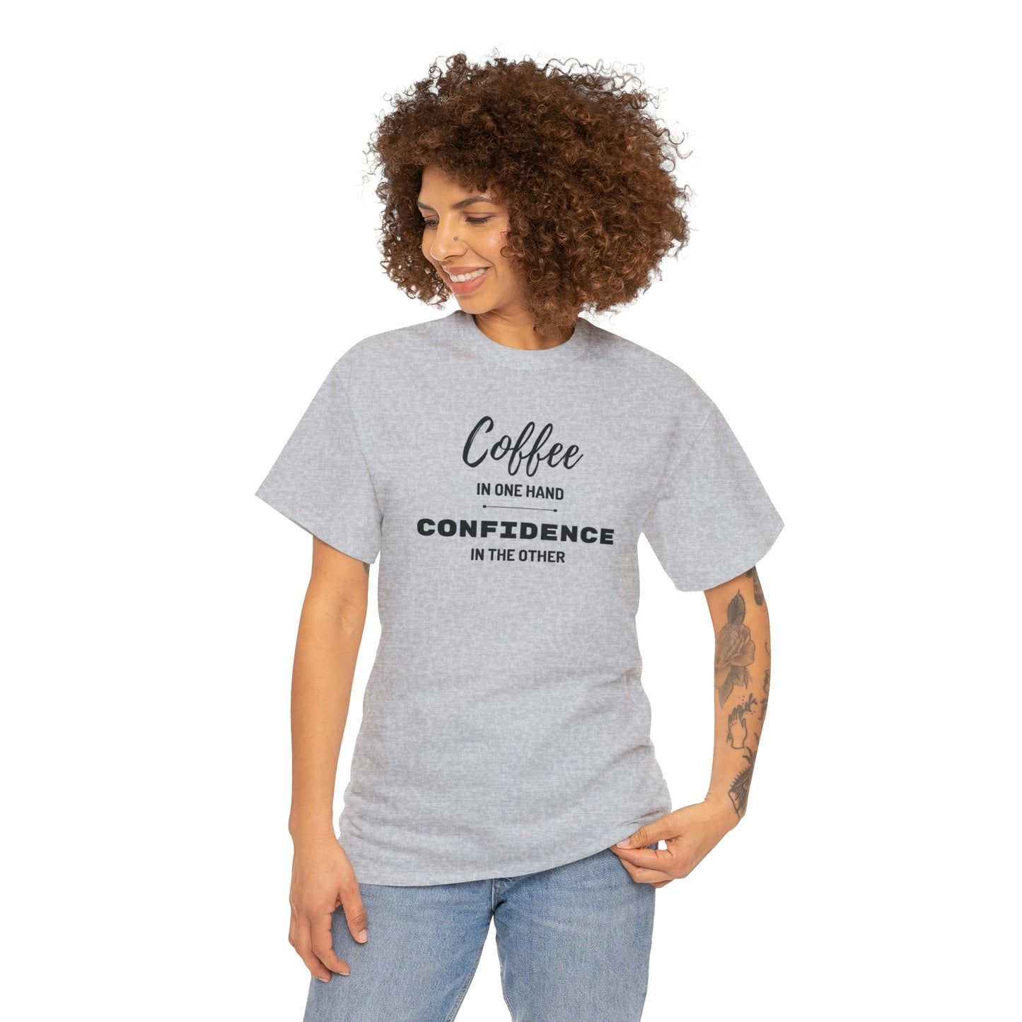 "Coffee in one Hand, Confidence in the Other" Unisex Heavy Cotton Tee