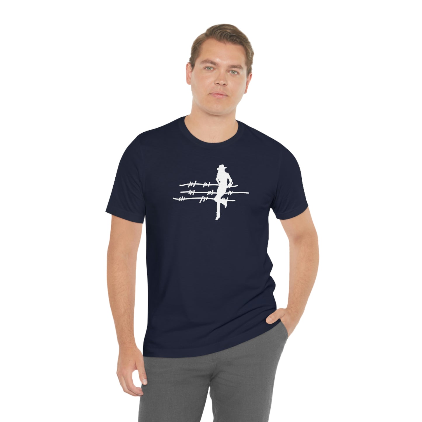 "On The Fence" (white image) Unisex Jersey Short Sleeve Tee