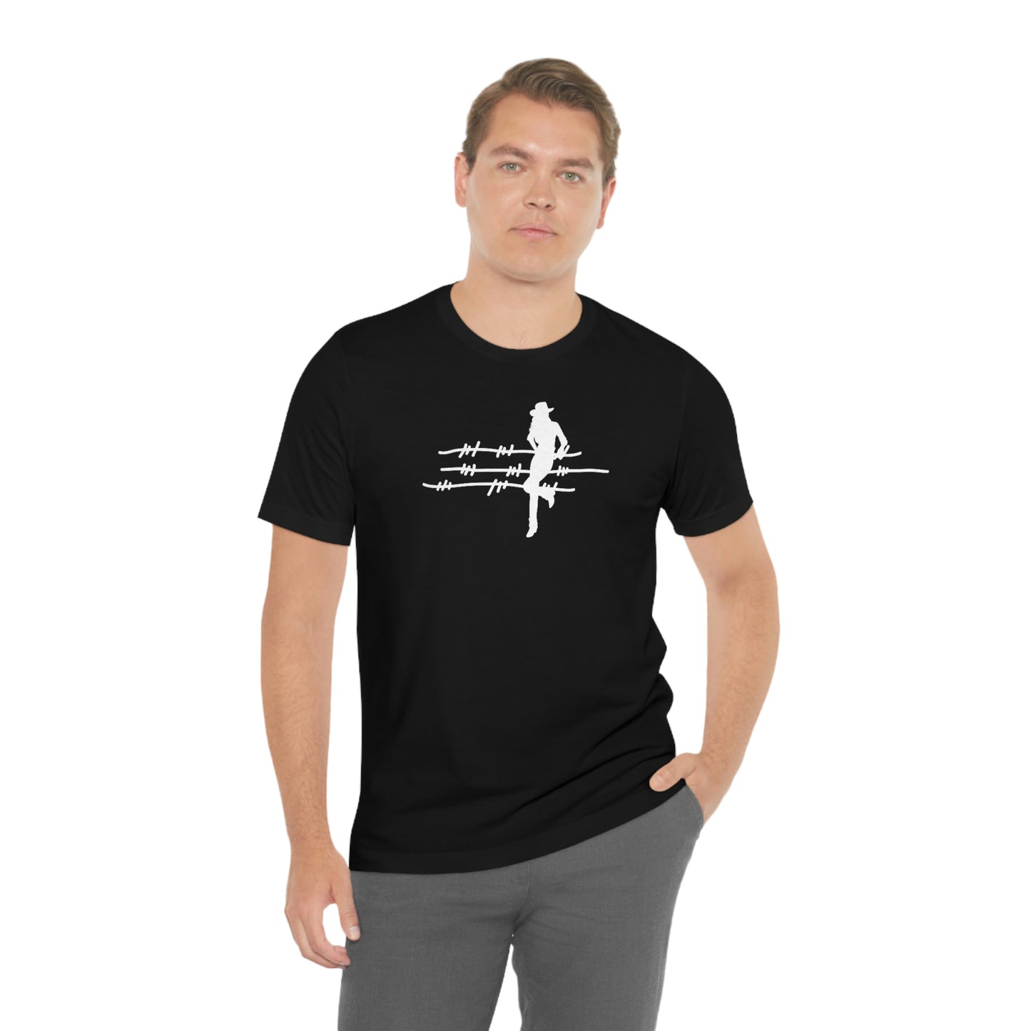 "On The Fence" (white image) Unisex Jersey Short Sleeve Tee