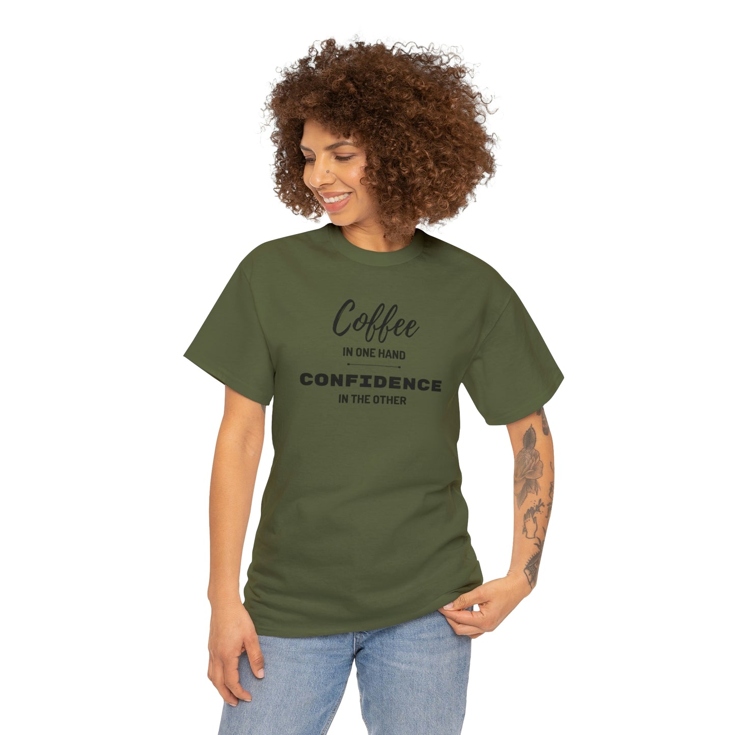 "Coffee in one Hand, Confidence in the Other" Unisex Heavy Cotton Tee